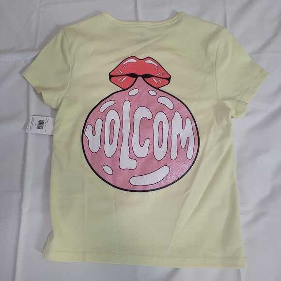 NWT VOLCOM T-Shirt Wmns Sz Small 4/6 Cotton Yellow Red Lips Pink Glitter Bubble - Picture 3 of 9